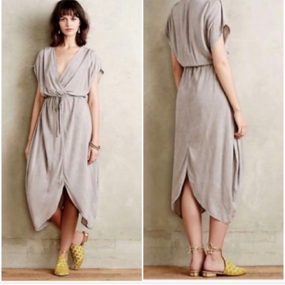 Anthropologie The Odells Taupe Short Sleeve Tulip Midi Dress-size Large Petite